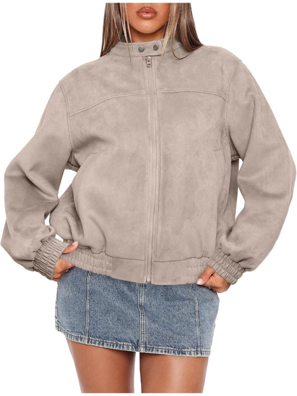 Women's Suede Apricot Jacket Oversized Motorcycle Bomber Fall Fashion Coats